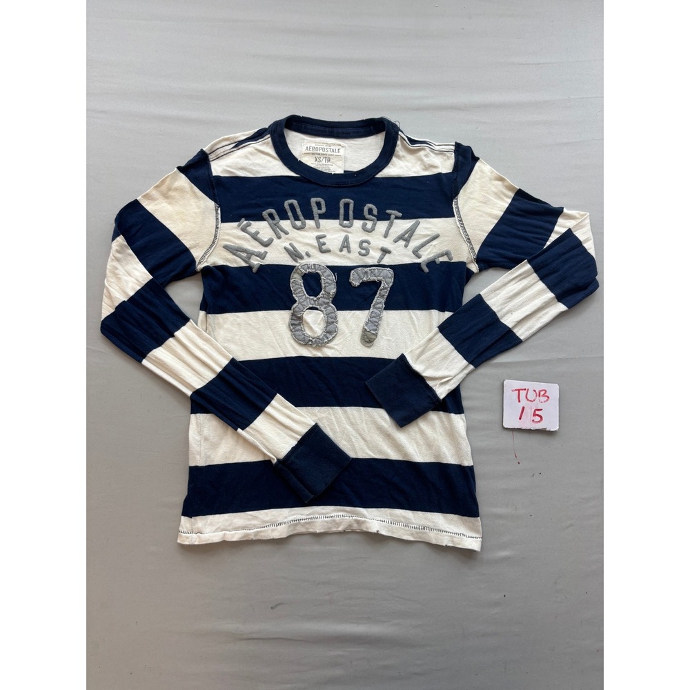 Aeropostale Mens XS Striped Long Sleeve T-Shirt Navy Blue White 87 Applique